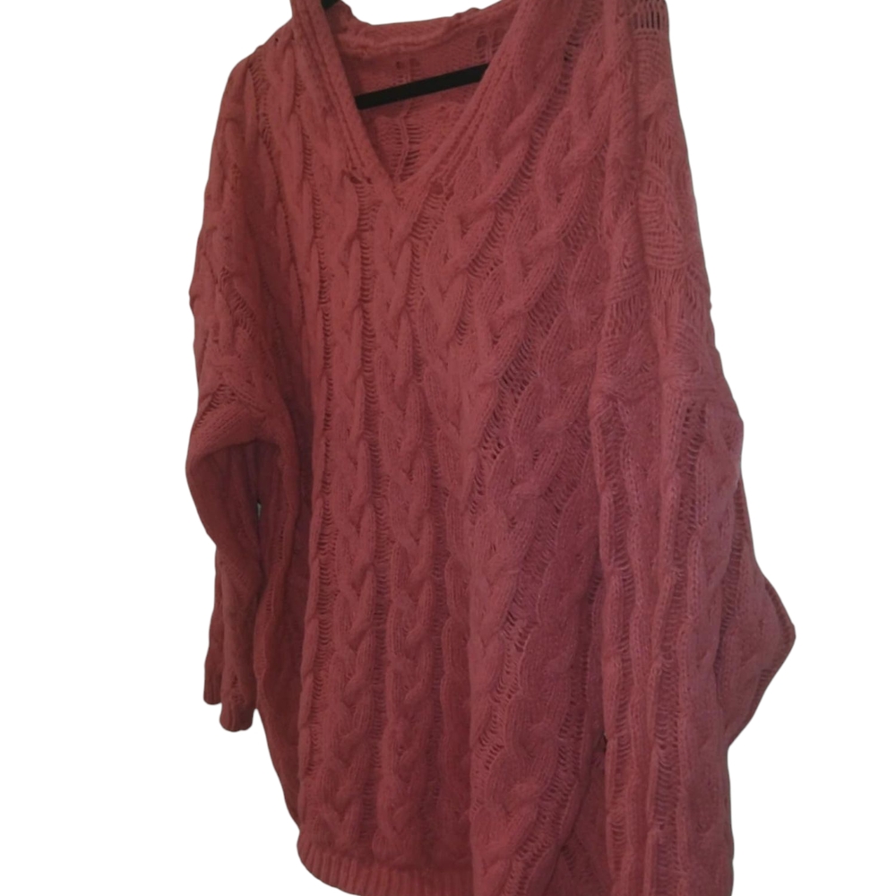 Brown V-Neck Cable Knit Sweater Oversized Fit